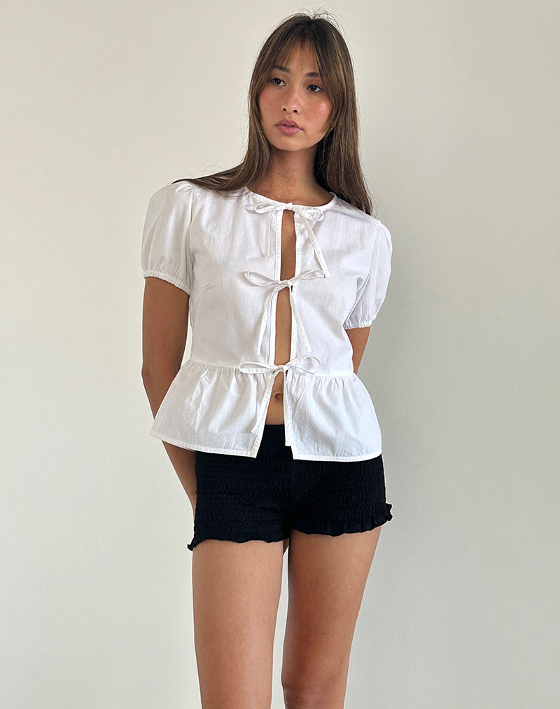 Ryota Tie Front Blouse in White with White Binding
