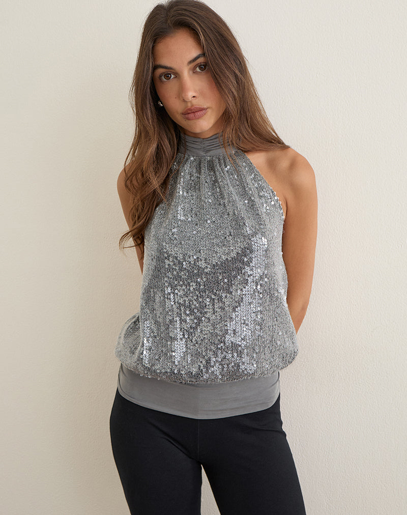 Sadiya Halter Top in Silver Sequin