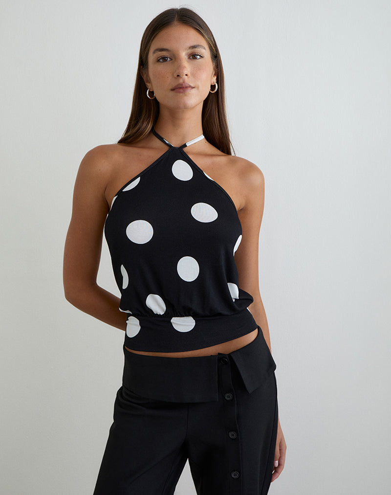 Saerin Halter Top in Monochrome Black with White Polka Print
