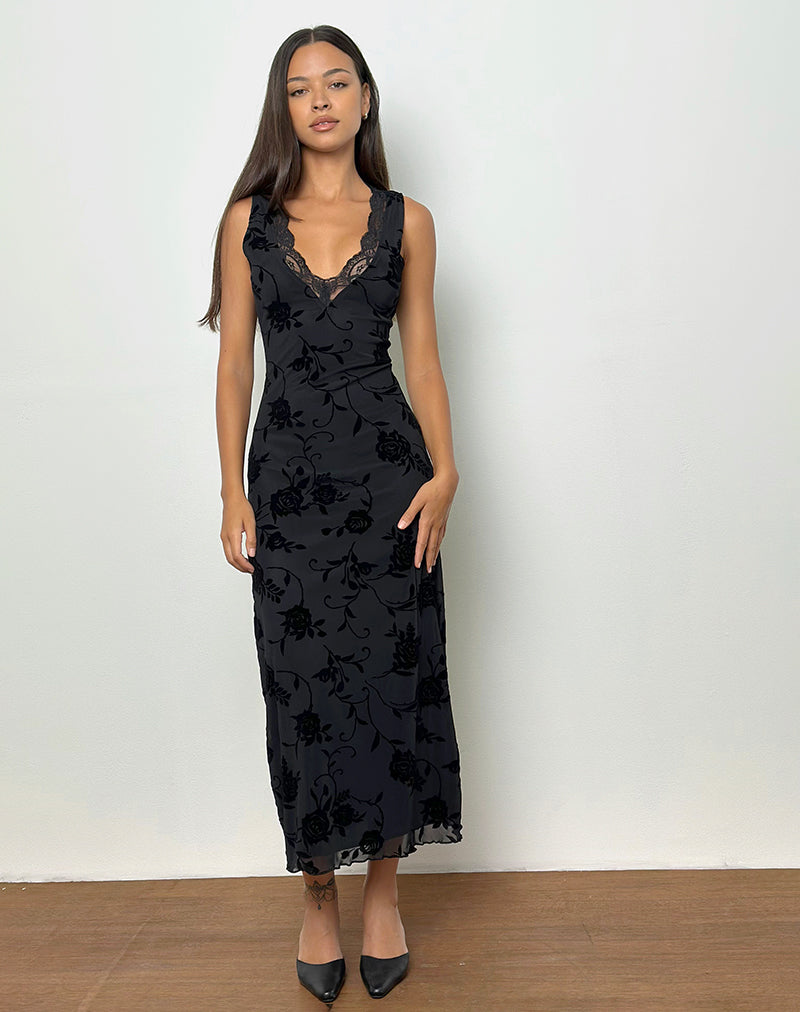 Black Rose Floral Flocked Mini Dress