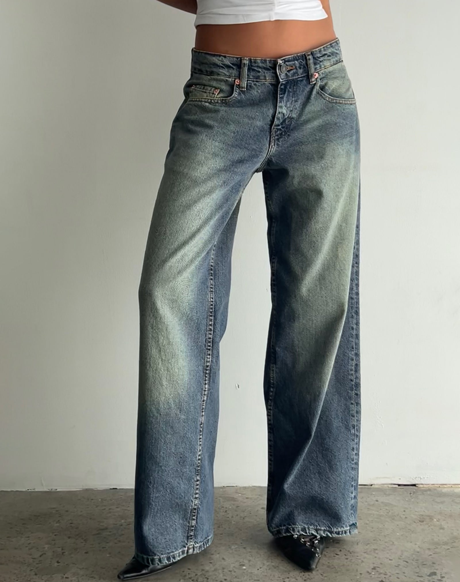 Extreme Blue Green Extra Wide Low Rise Jeans | Roomy – motelrocks.com