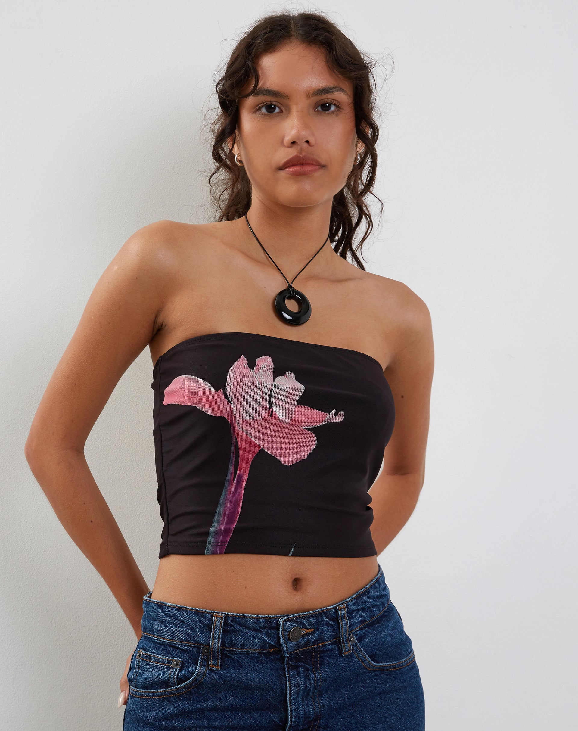 Black with Pink Flower Placement Bandeau Top