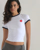 image of Salida Top in White with Navy Binding and Apple Motif