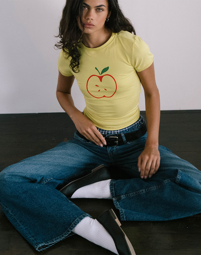 image of Salida Top in Yellow with Apple Motif