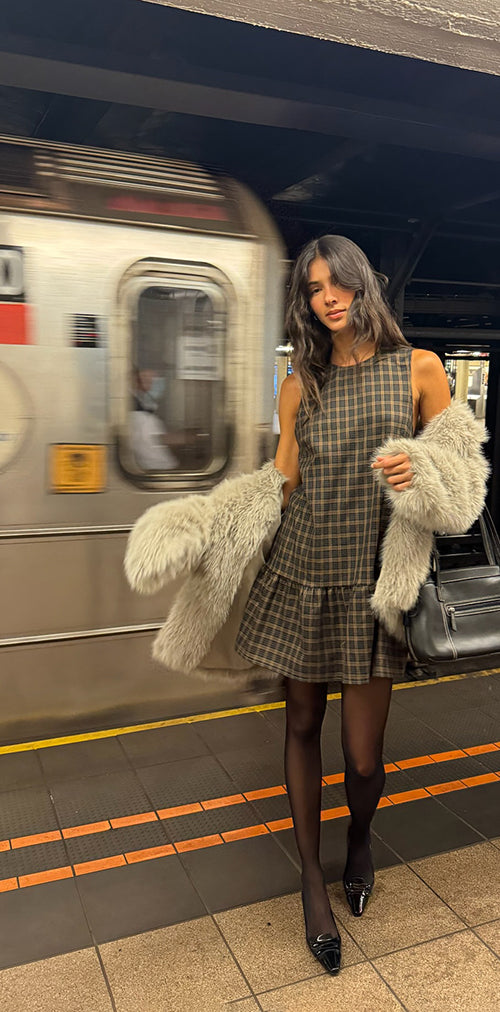 Image of Samana Babydoll Mini Dress in Check Dark Brown