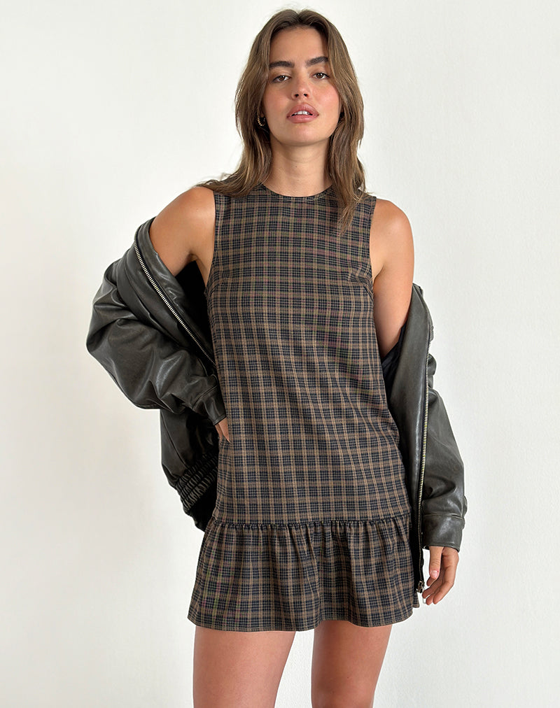 samana babydoll mini dress in check dark brown Motel Sleeveless Plaid Drop Waist Mini Dress