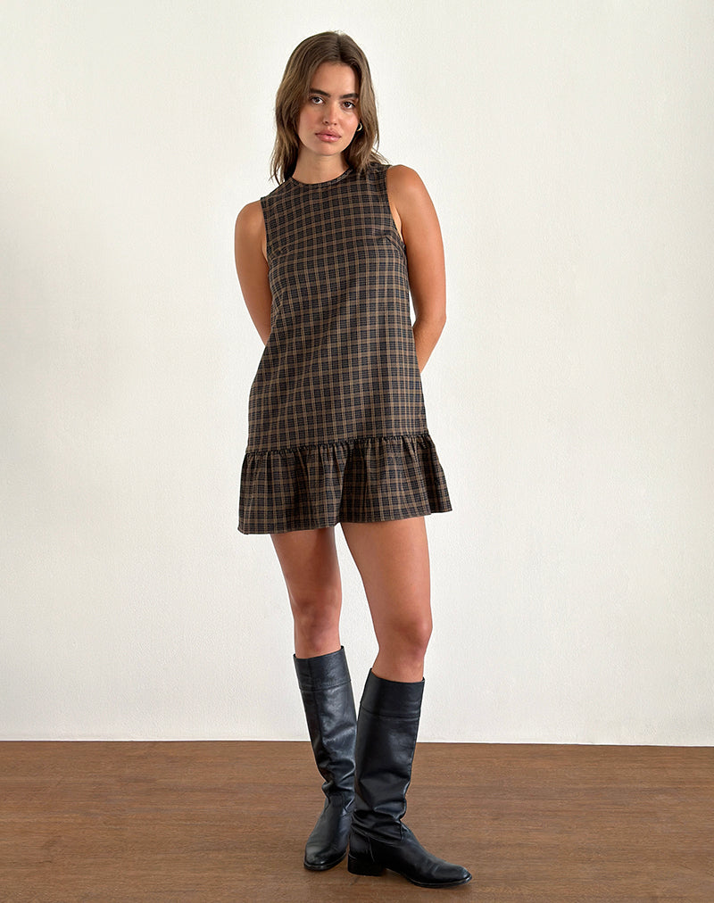 Samana Babydoll Mini Dress in Check Dark Brown Samana Babydoll Mini Dress in Check Dark Brown