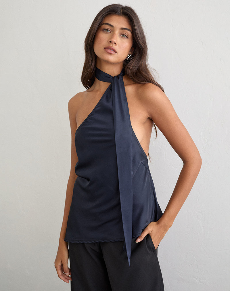 Image of Sambara Asymmetric Halter Top with Scarf Tie in Satin Navy