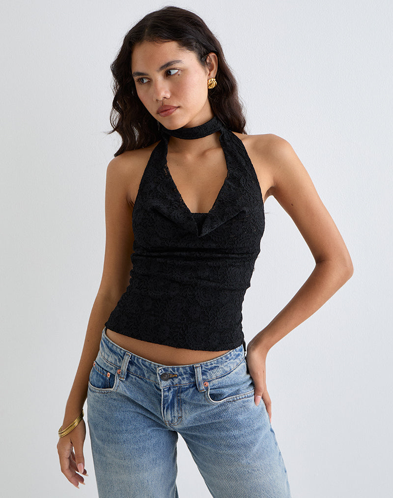 Image of Samwell Halterneck Top in Paisley Lace Black