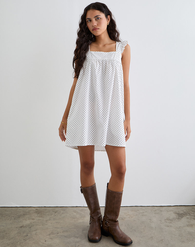 Image of Sanaly Mini Dress in White with Black Micro Polka
