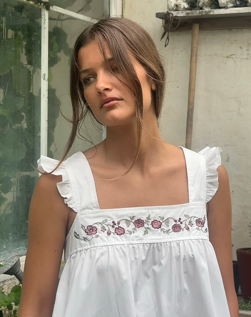 Image of Sanaly Mini Dress in Poplin White with Cherry Blossom Embroidery