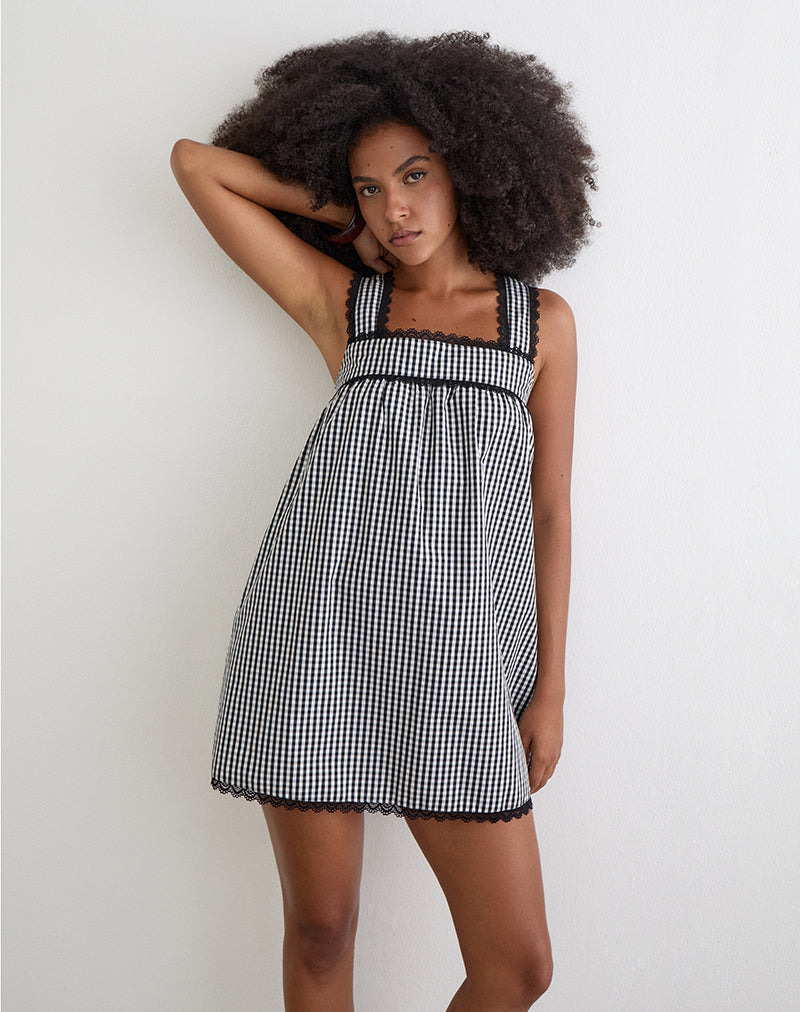 Image of Sandat Smock Mini Dress in Mini Gingham Grey