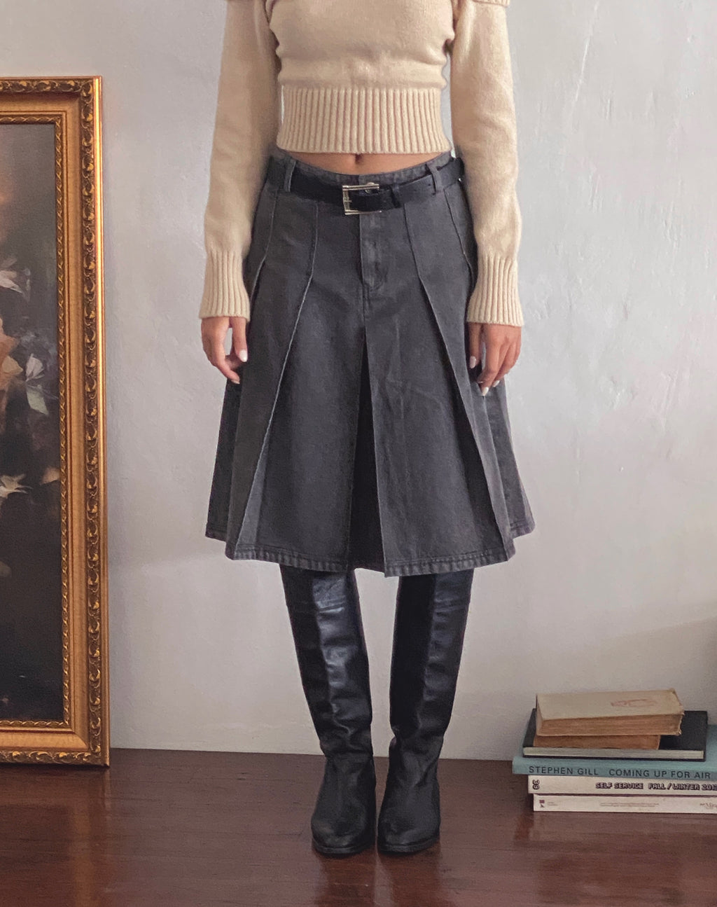 Sanjani Pleated Denim Midi Skirt in Grey Wash