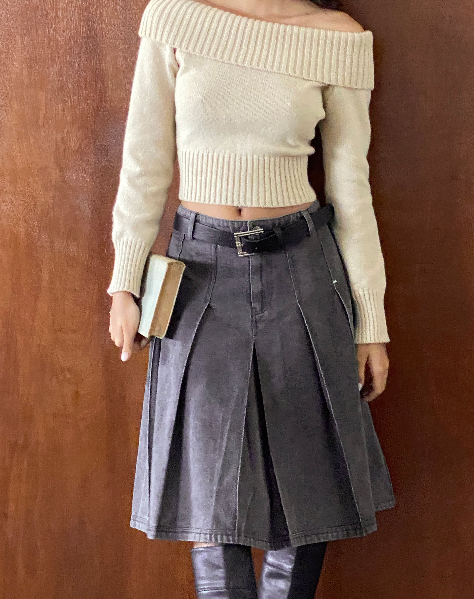 Image of Sanjani Pleated Denim Midi Skirt in Grey Wash