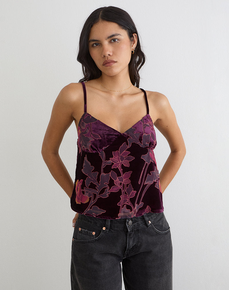Sarinda Cami Top in Floral Devore Burgundy