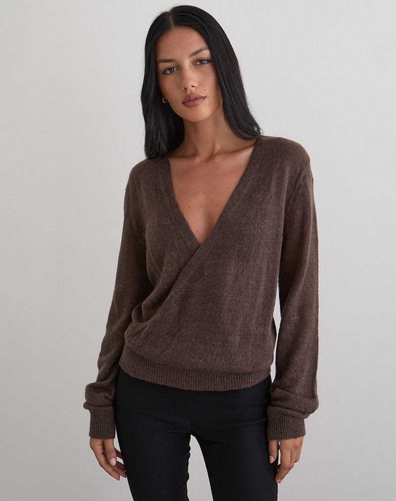 Image of Saroya Plunge Wrap Top in Knit Dark Chocolate