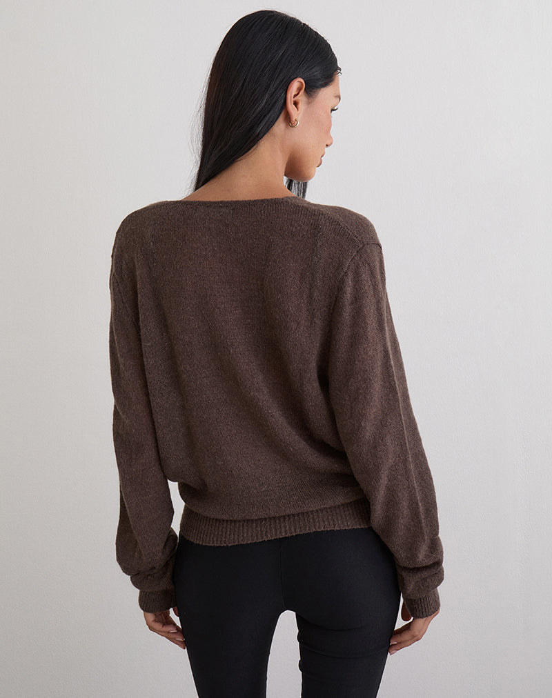 Image of Saroya Plunge Wrap Top in Knit Dark Chocolate