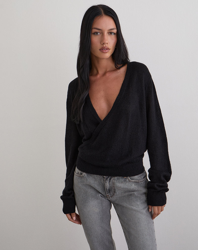 Image of Saroya Plunge Wrap Top in Knit Black