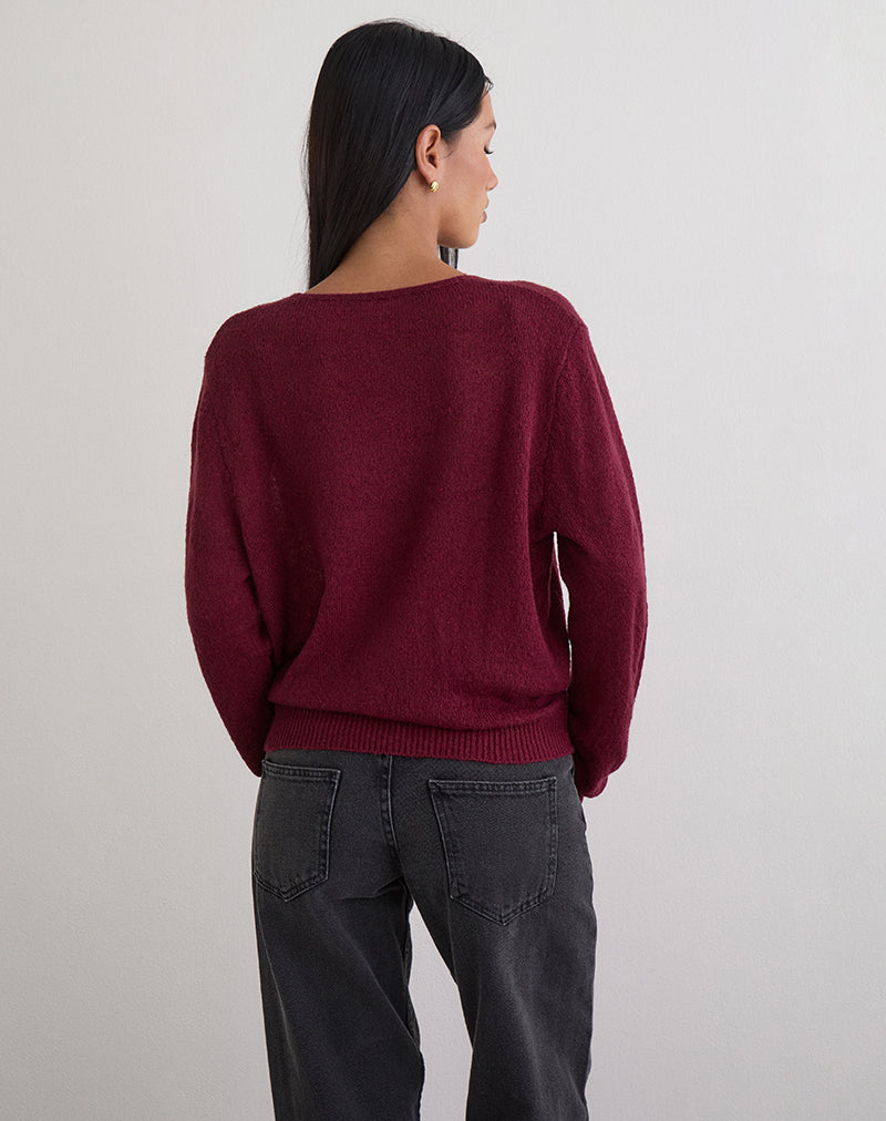 Image of Saroya Plunge Wrap Top in Knit Wine