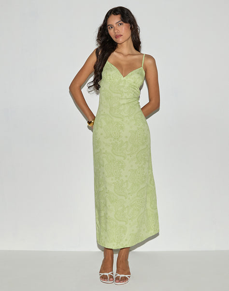 motel rocks lime green dress Retro Paisley Print Midi Cowl neck