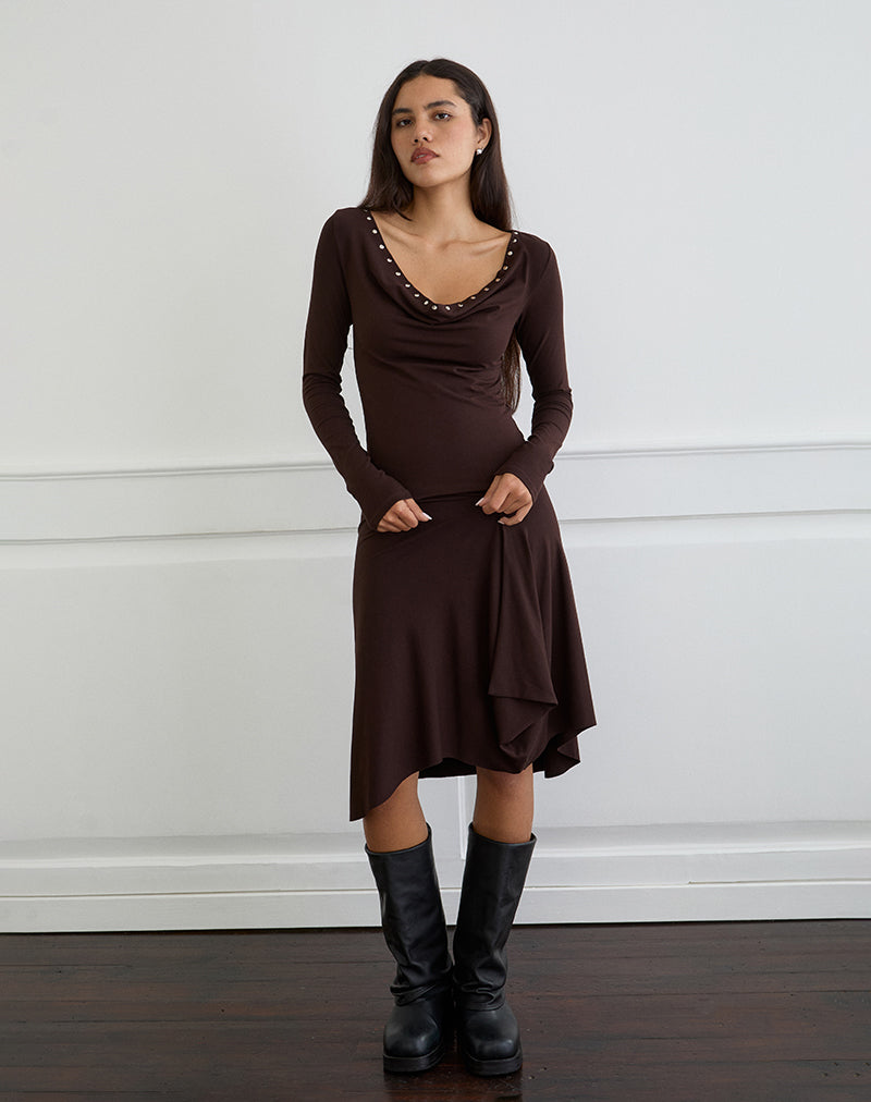 Scanio Long Sleeve Cowl Top with Studs in Bitter Chocolate