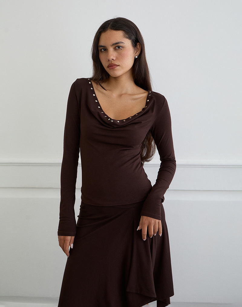 Image of Scanio Long Sleeve Cowl Top with Studs in Bitter Chocolate
