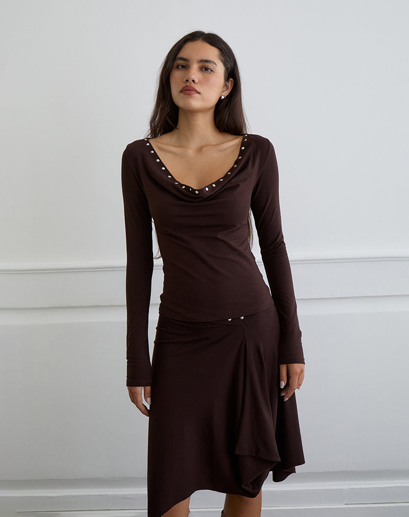 Image of Scanio Long Sleeve Cowl Top with Studs in Bitter Chocolate