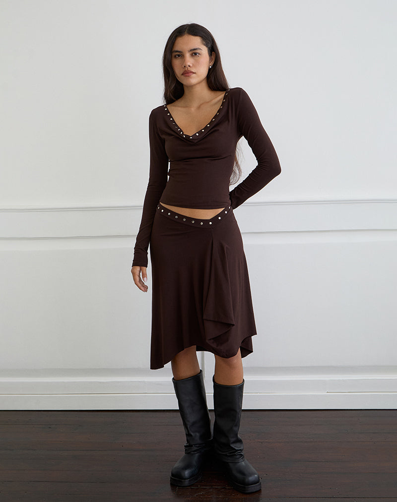 Image of Emera Midi Skirt with Studs in Bitter Chocolate