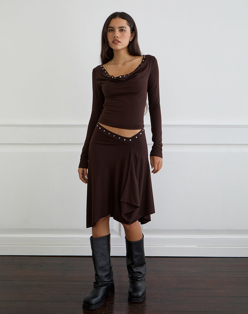 Image of Emera Midi Skirt with Studs in Bitter Chocolate
