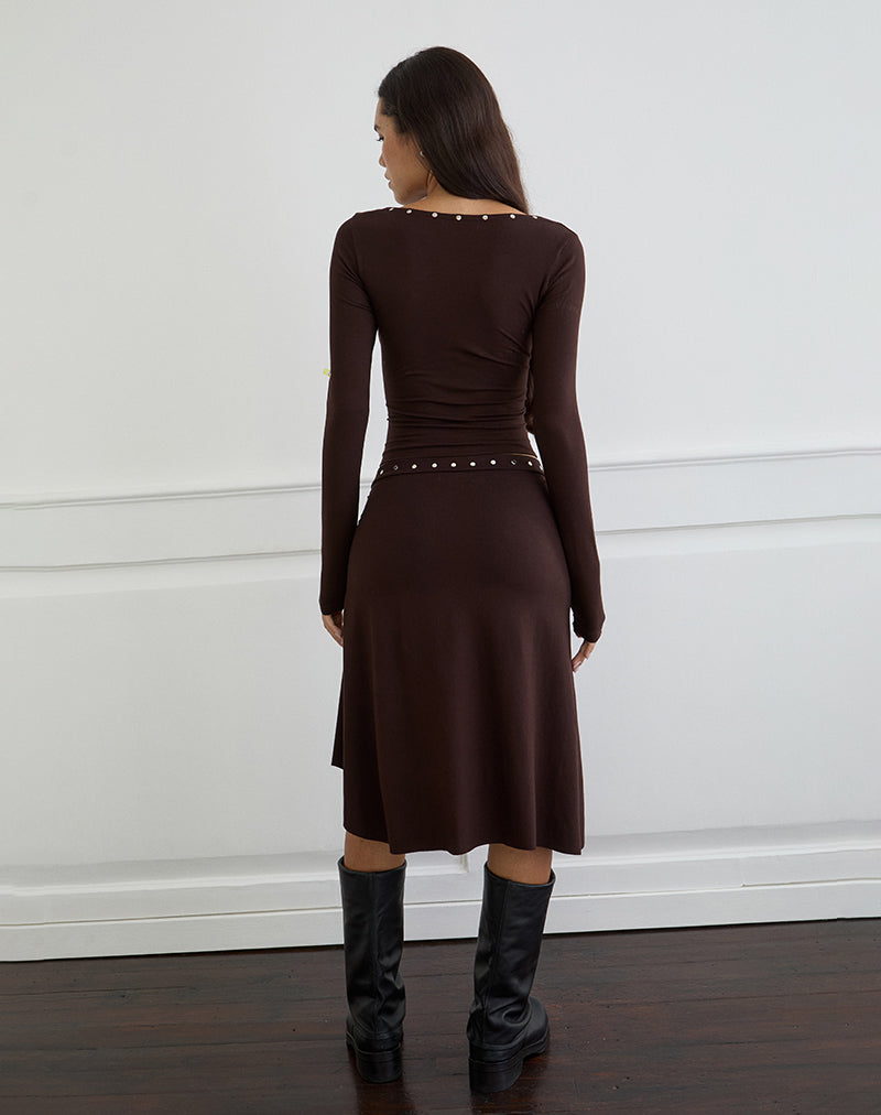 Image of Emera Midi Skirt with Studs in Bitter Chocolate