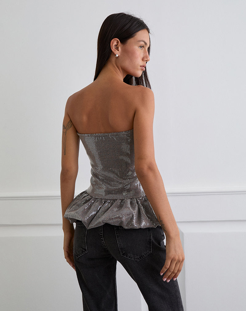 Image of Seada Peplum Top in Sequin Check Brown