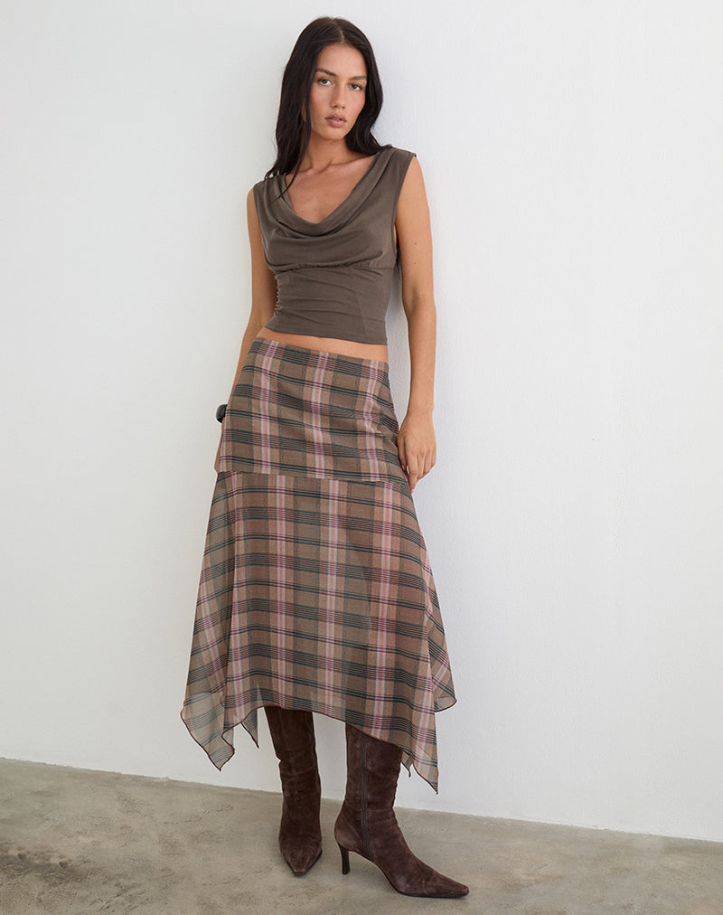 Image of Sedra Midi Skirt in Brown and Pink Blurry Check