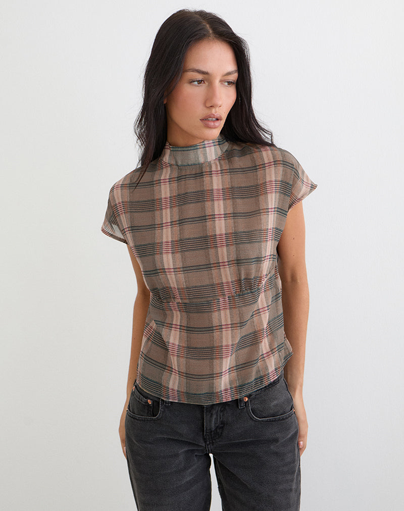 Sekala Top in Brown and Pink Blurry Check
