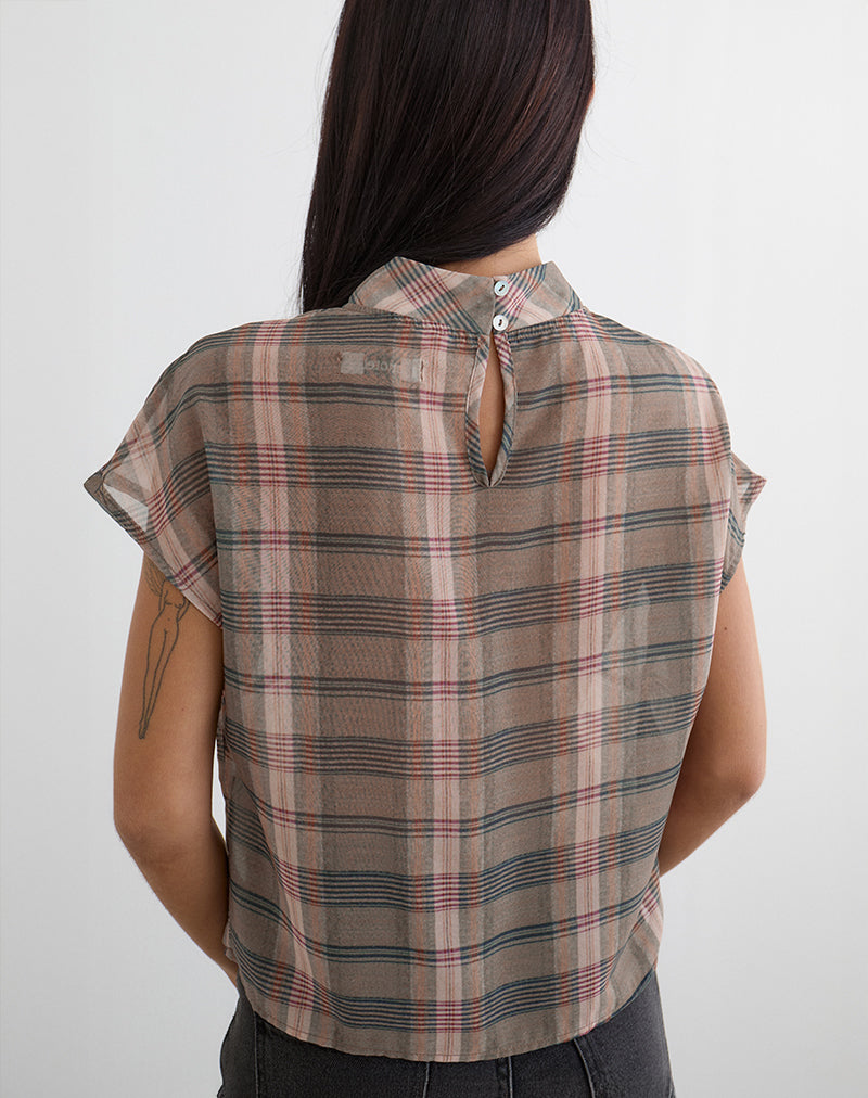 Image of Sekala Top in Brown and Pink Blurry Check