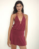 Image of Senara Cinch Waist Halterneck Mini Dress in Burgundy