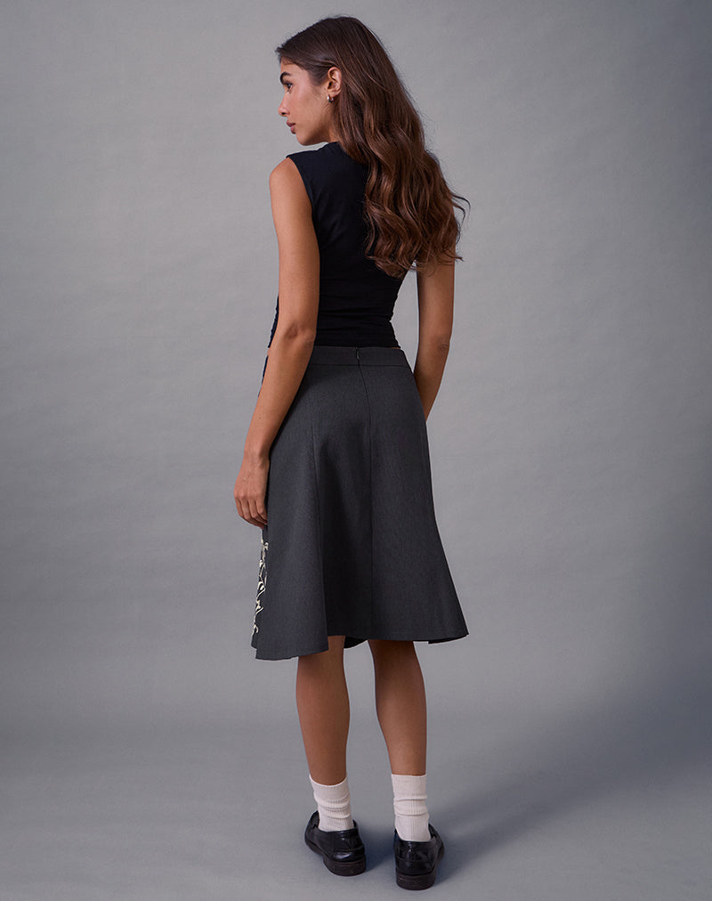 Image of Sepzhi Midi Skirt in Vine Flower Embroidered Dark Charcoal