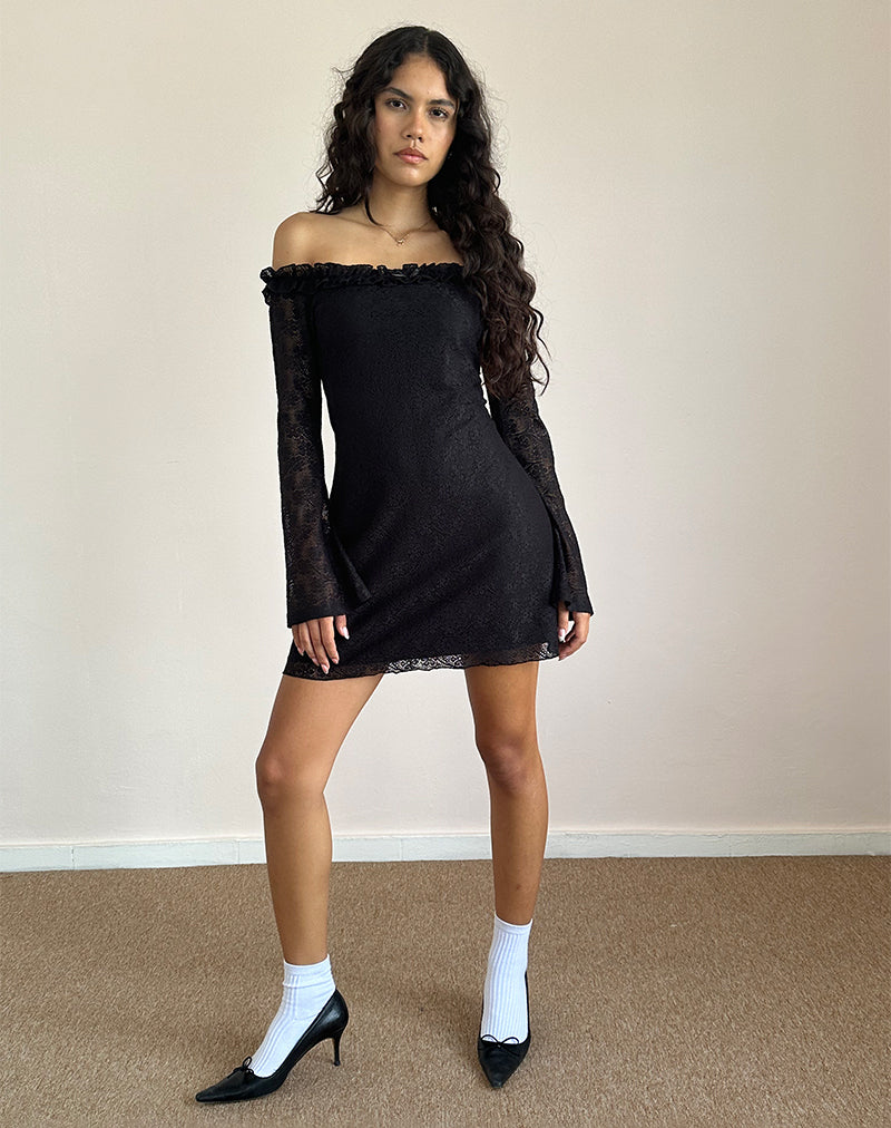 Severine Bardot Mini Dress Lace Black