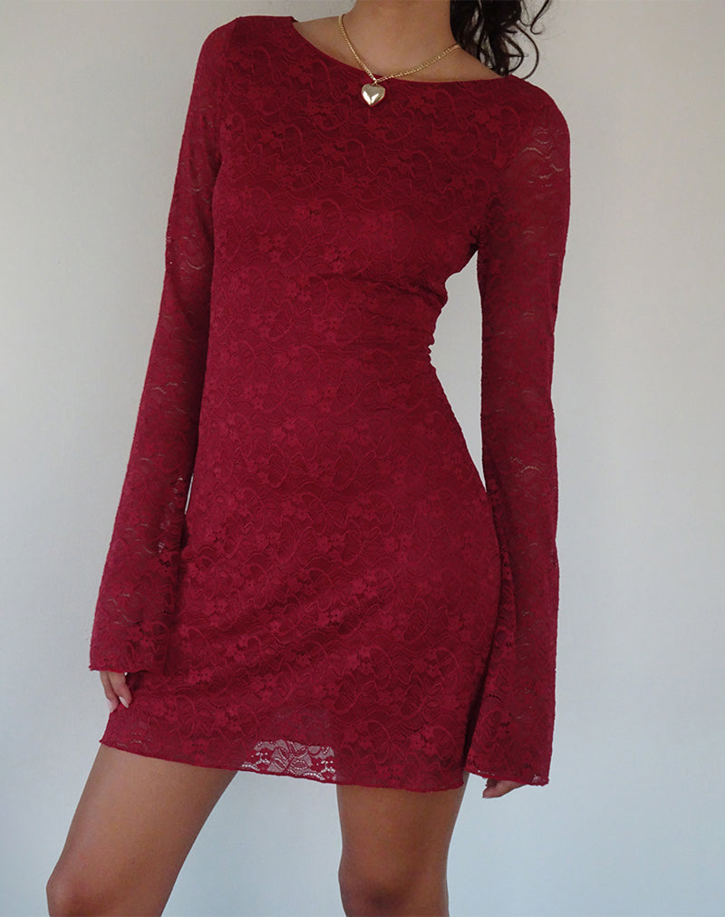 Image of Sevila Long Sleeve Mini Dress in Deep Red Lace
