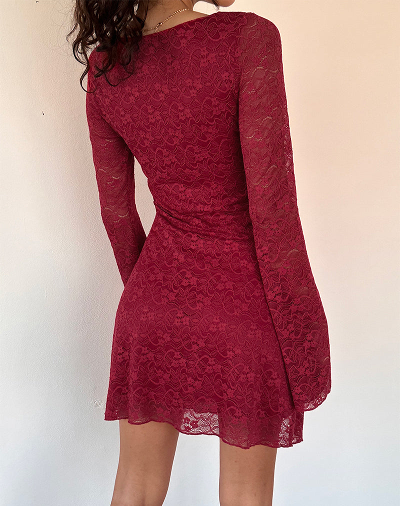 Image of Sevila Long Sleeve Mini Dress in Deep Red Lace