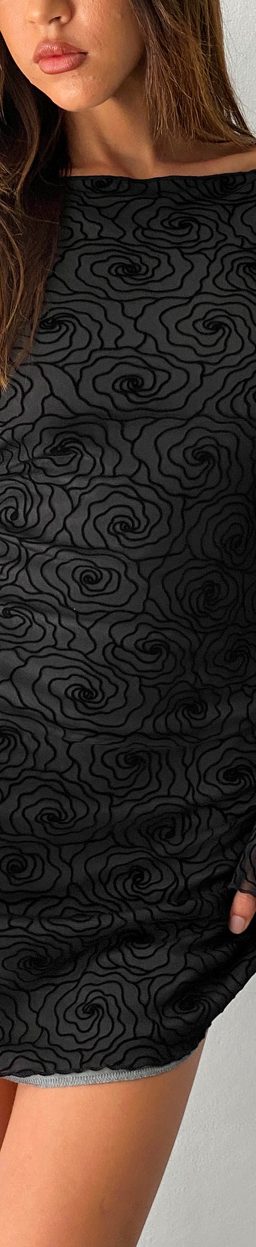 Image of Sevila Long Sleeve Mini Dress in Mesh Black Abstract Flower Flock