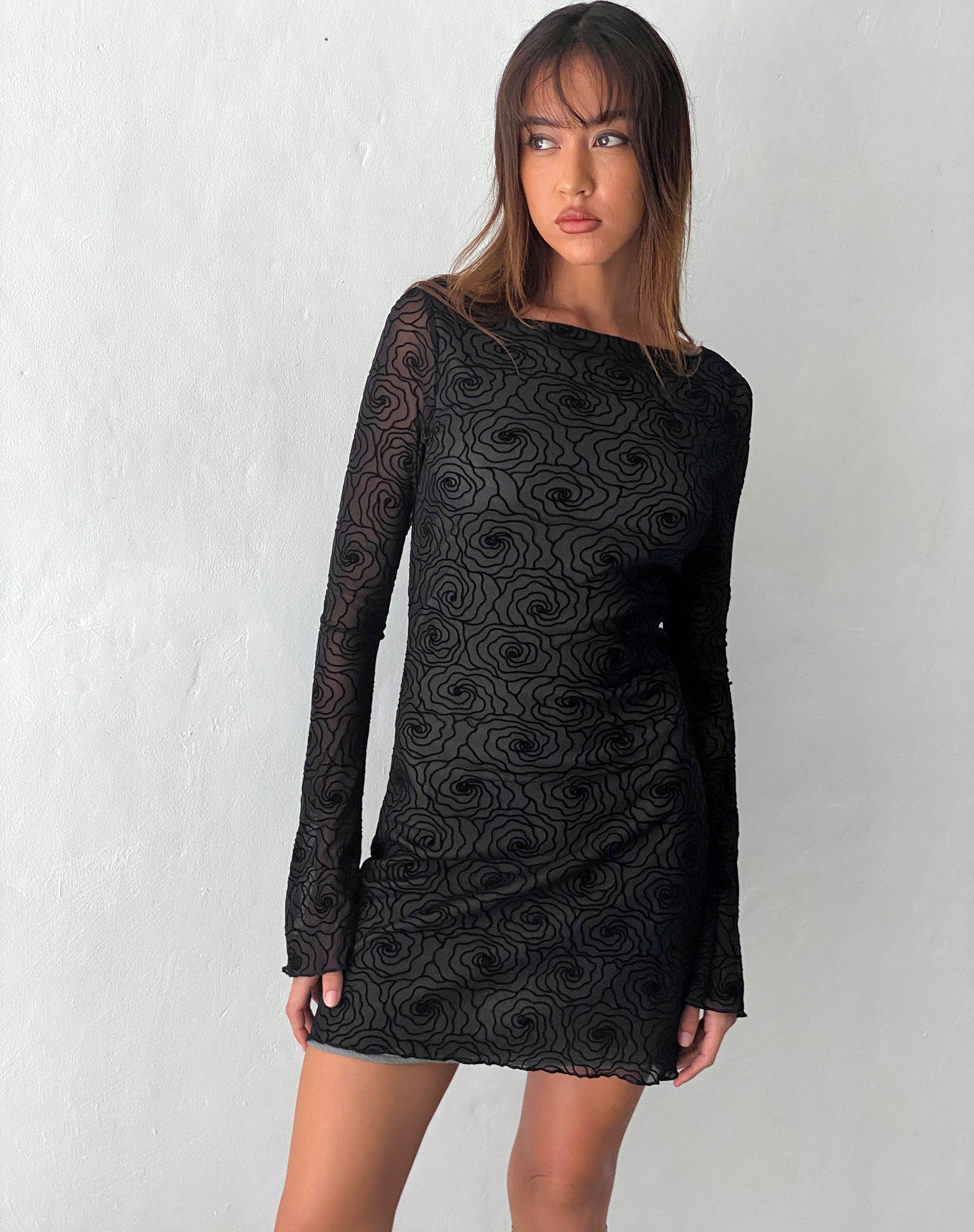 Mesh Black Abstract Flower Flock Long Sleeve Mini Dress | Sevila motelrocks.com Mesh Black Abstract Flower Flock Long Sleeve Mini Dress | Sevila motelrocks.com