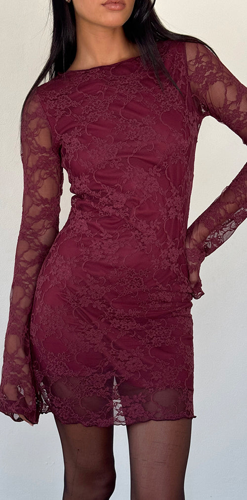 Image of Sevila Long Sleeve Mini Dress Lace Burgundy