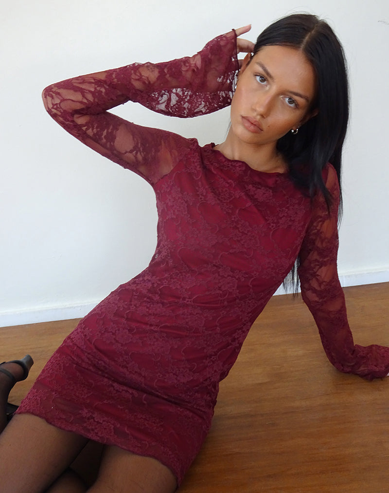 Sevila Long Sleeve Mini Dress Lace Burgundy