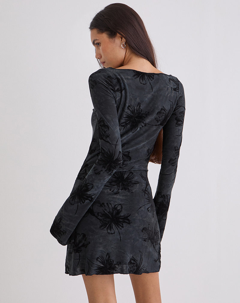 Grey Velvet Burnout Long Sleeve Mini Dress