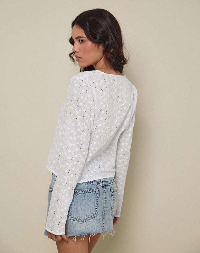 Image of Sewindu Tie Front Long Sleeve Top in Broderie Ivory