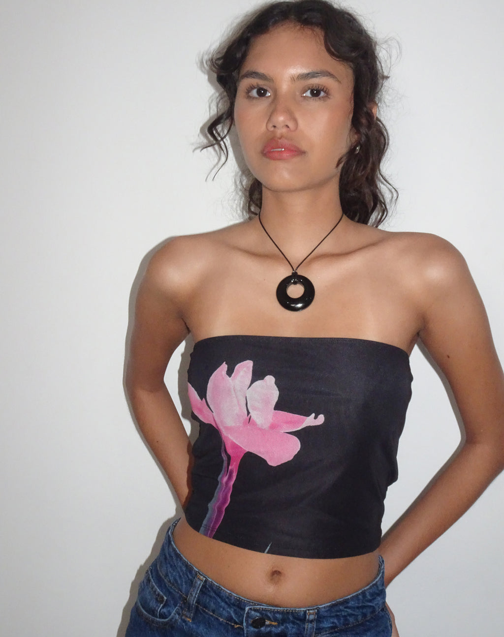 Shae Bandeau Top in Black with Pink Flower Placement