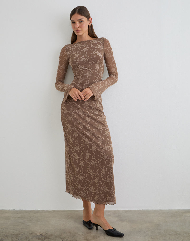 Image of Shaleed Maxi Dress in Leafy Flock Dark Taupe