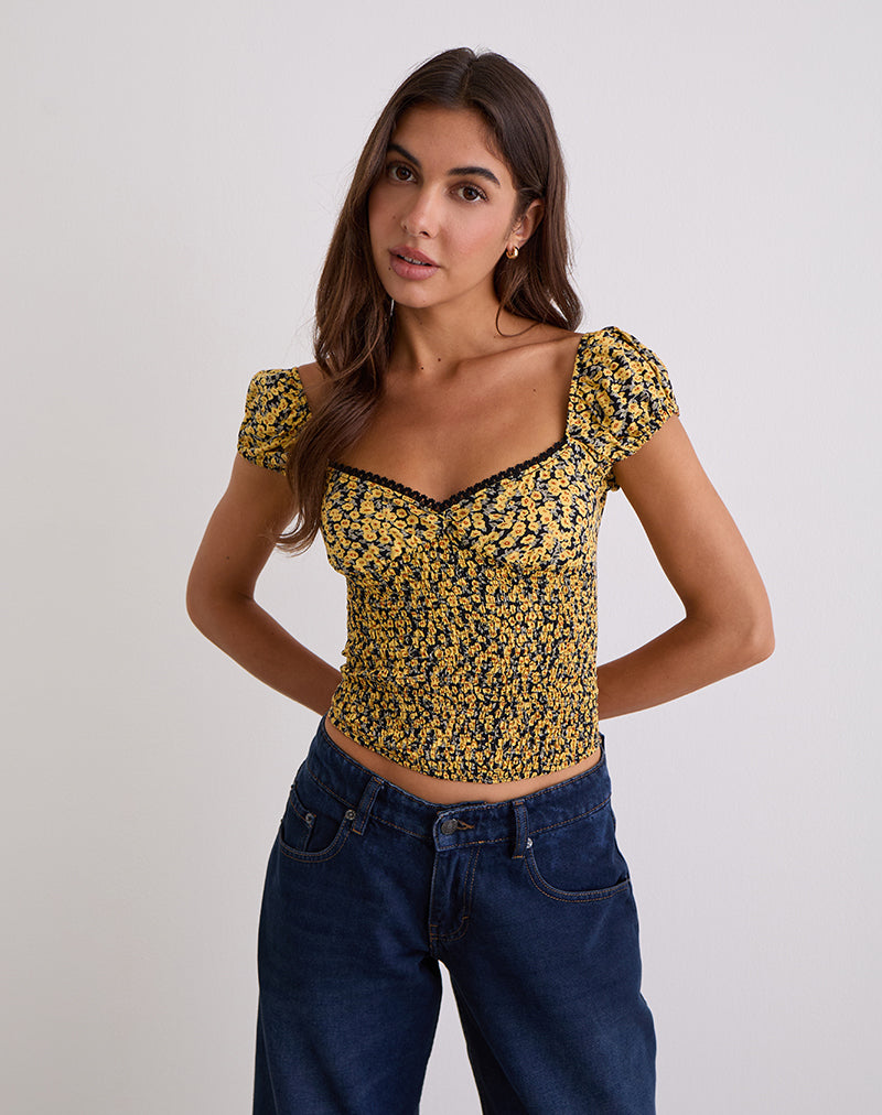Image of Shizu Cap Sleeve Top in Mini Bloom Yellow