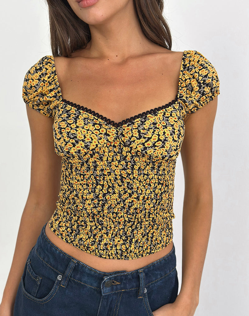 Image of Shizu Cap Sleeve Top in Mini Bloom Yellow