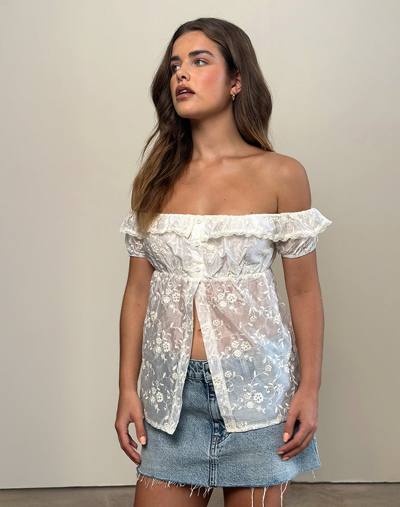 Image of Shogo Bardot Top in Fresia Broderie Ivory